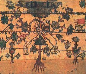 Древо жизни, лев, единорог и символическая стража сундука. Рисунок на сундуке. Северная Двина. 1688 