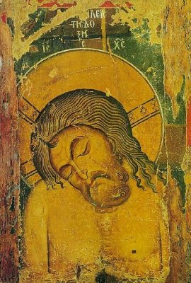 Муж Скорбей (Христос во гробе). Византийская икона, XII век.
